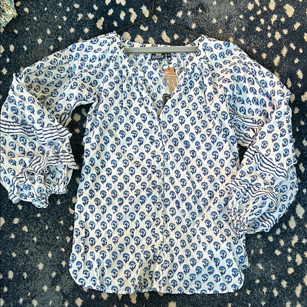 Madison Mathews Blouse - New with Tags- Blue and White Patterned Blouse